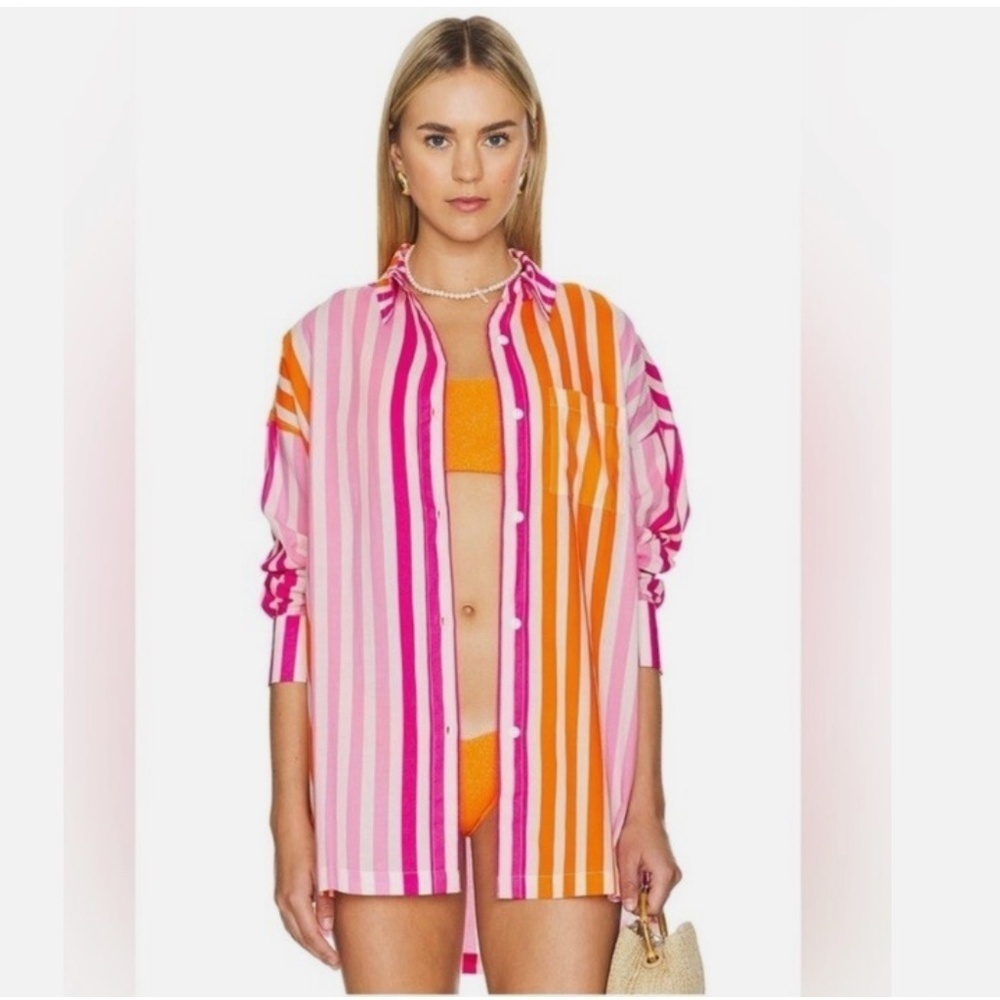 Beach Riot Alexa Coverup Button Down Long Sleeve Shirt Pink Orange Stripe Size L